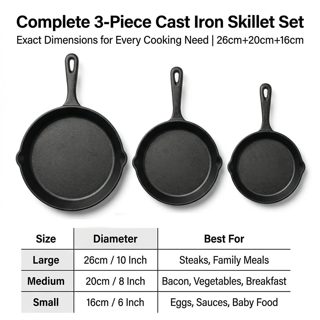 Pre-Seasoned Cast Iron Skillet Set — 3 Piece — product image 9