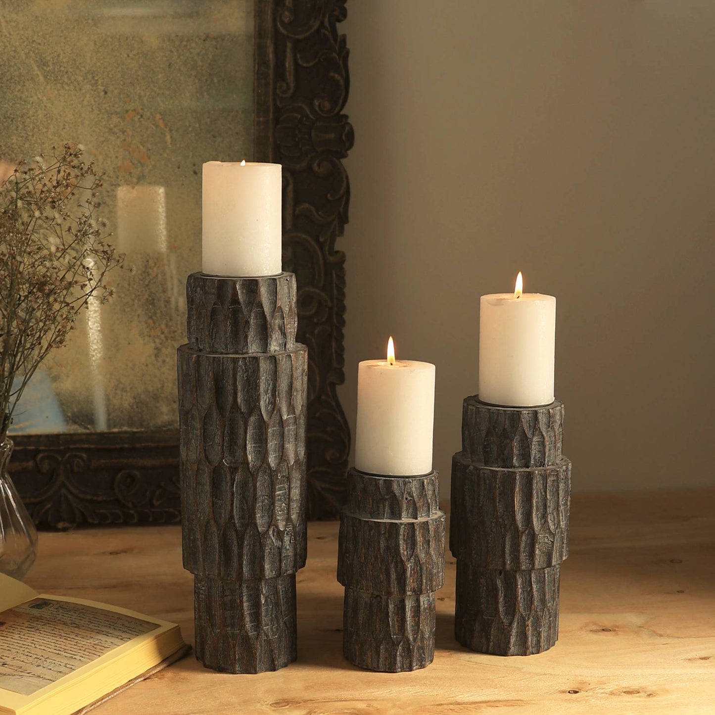 Walnut-finish wood centerpiece candle holder for a table or mantel