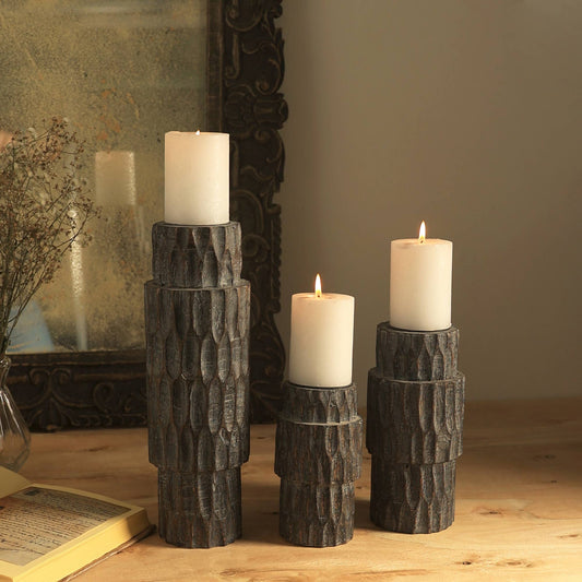 Walnut-finish wood centerpiece candle holder for a table or mantel